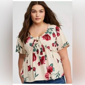 Torrid Jersey Tie Front Floral Print Cream Top